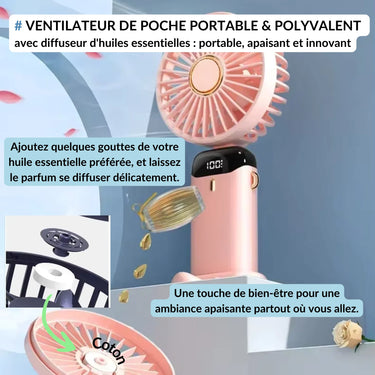Ventilateur de poche portable rose avec diffuseur d'huiles essentielles, apaisant et innovant, idĂ©al pour crĂ©er une ambiance relaxante oĂč que vous soyez.
